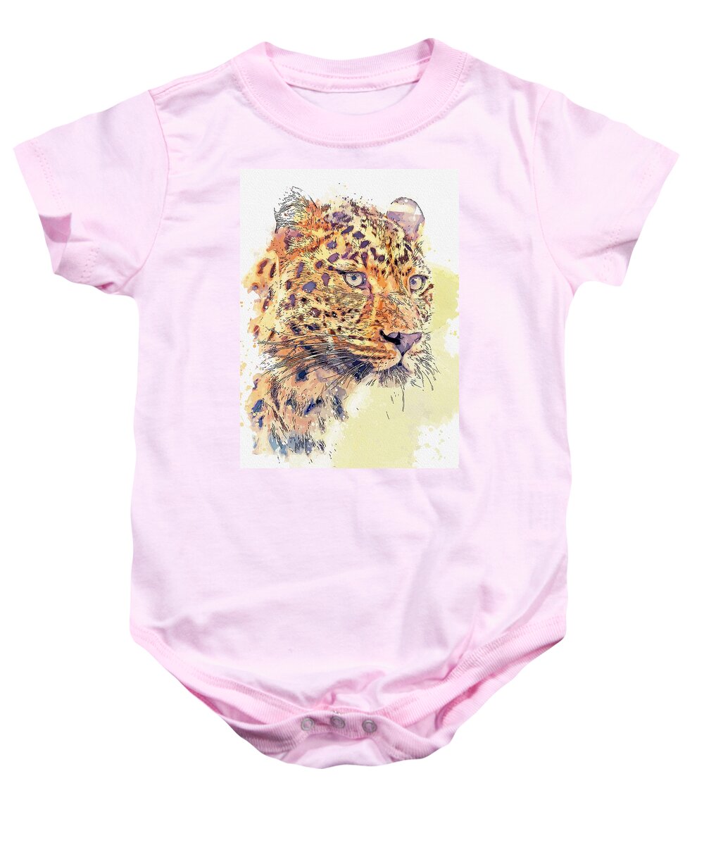 Cheetah Baby Onesie featuring the painting Cheetah - watercolor by Ahmet Asar #1 by Celestial Images
