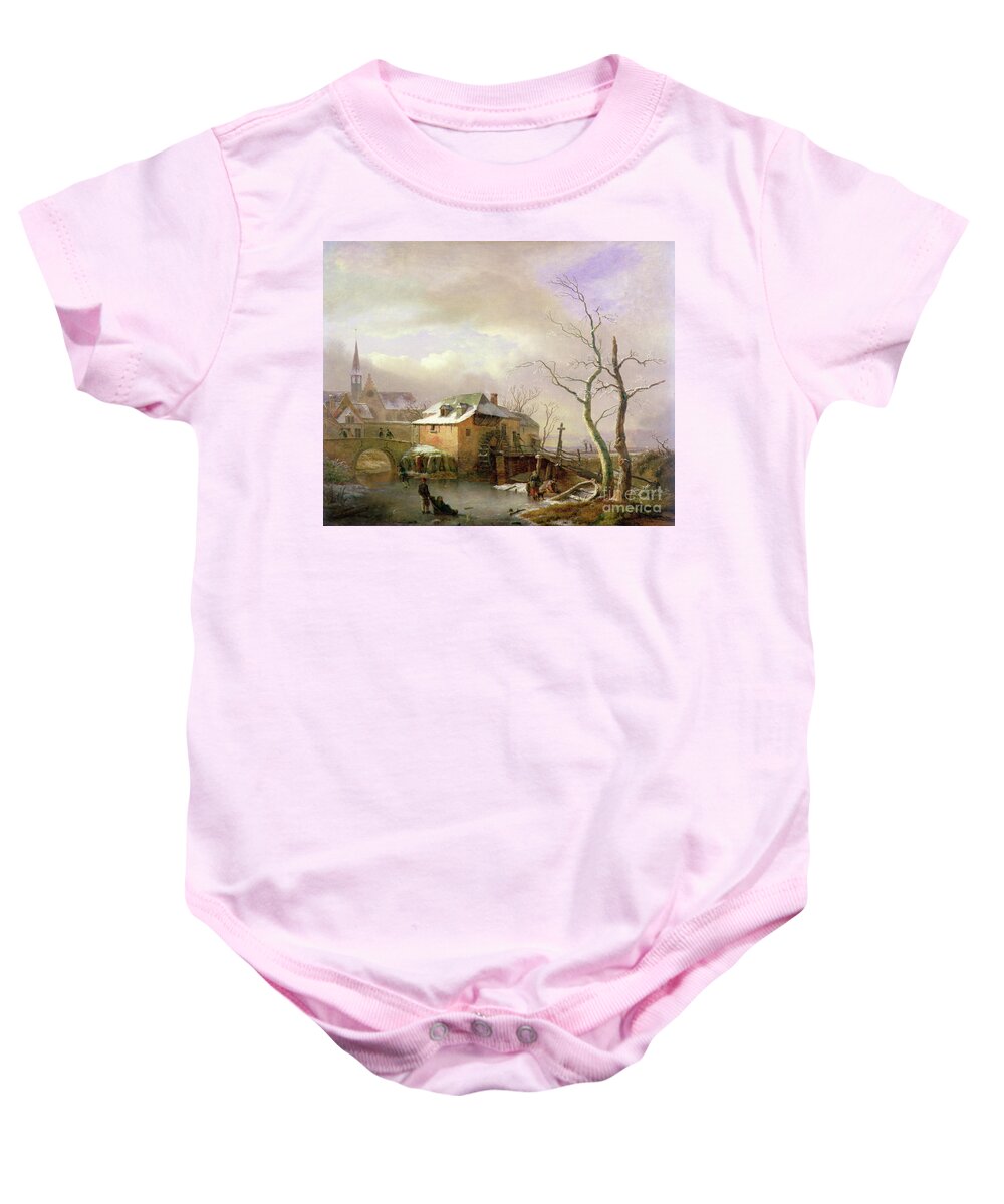Skating Baby Onesie featuring the painting A Winter Landscape With Peasants On A Frozen Millpond By A Village by Ignatius Josephus Van Regemorter