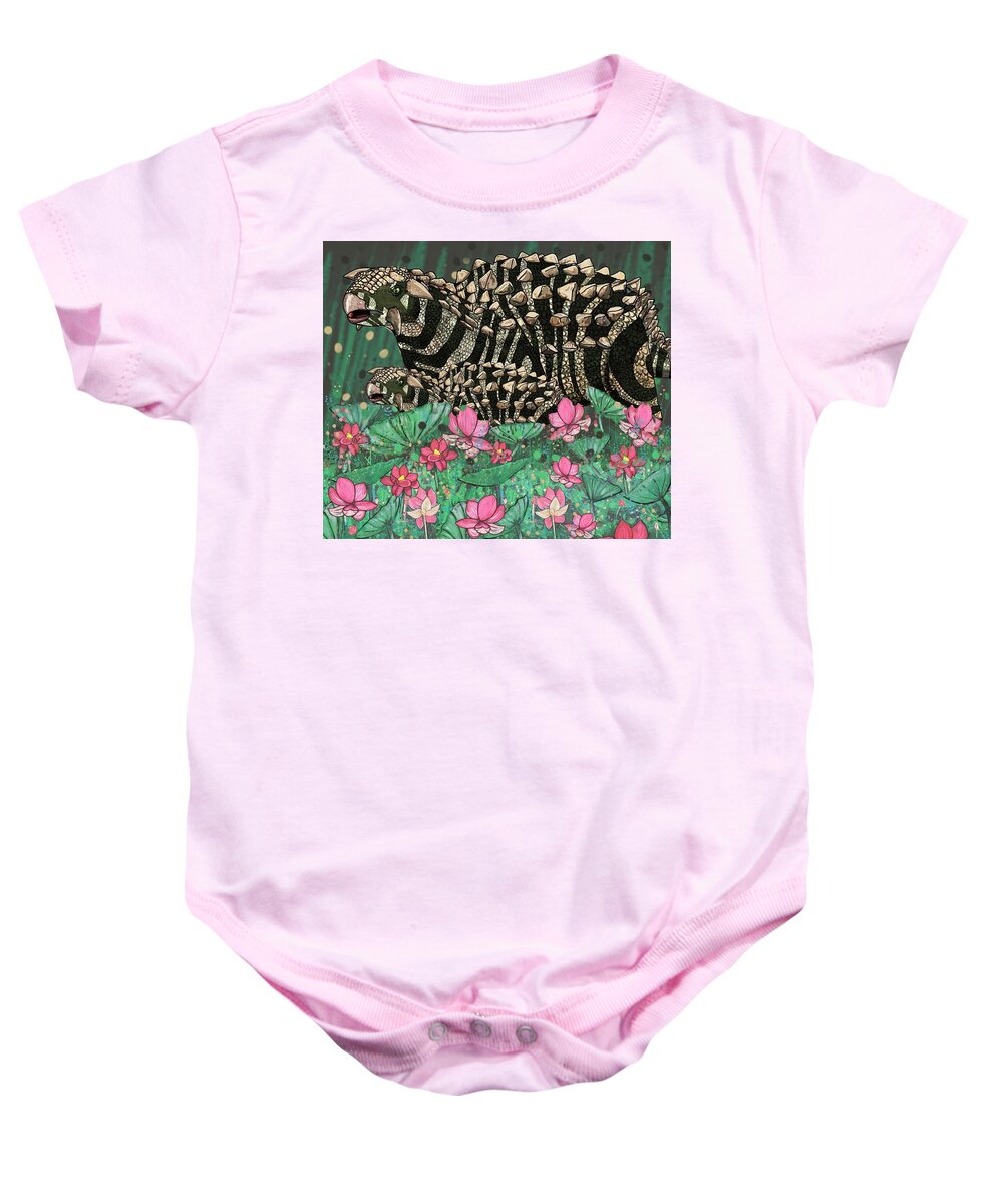 Dinosaur Baby Onesie featuring the mixed media Ankylosaurus in Lilies by Joan Stratton