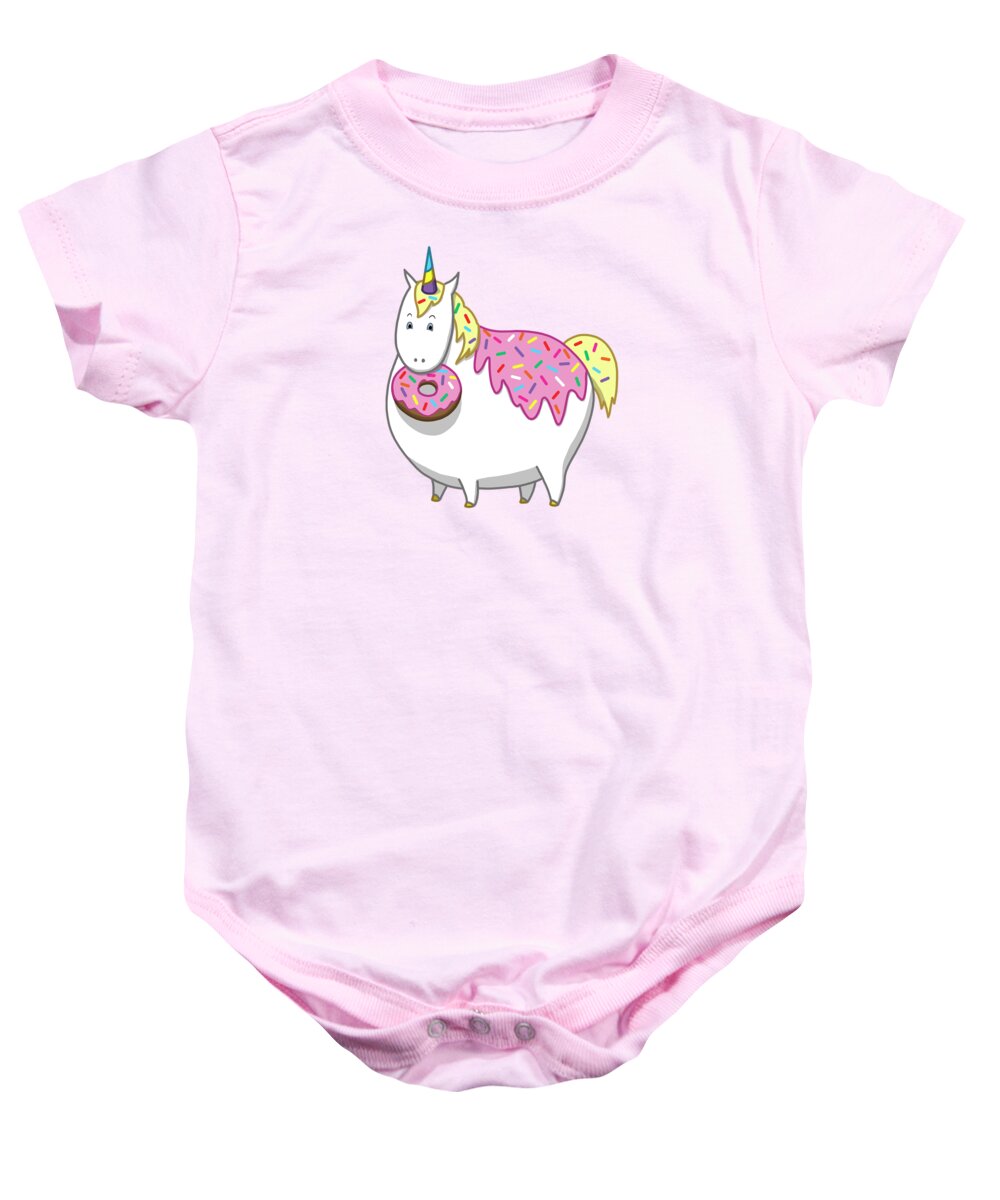 Unicorns Baby Onesie featuring the painting Chubby Unicorn Eating Sprinkle Doughnut by Crista Forest