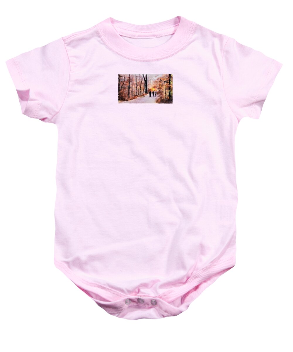 Landscape Baby Onesie featuring the painting Autumn Walkers by Diane Chandler