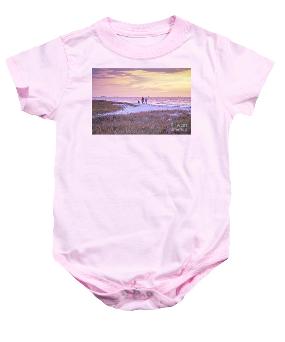 Beach Baby Onesie featuring the photograph Sunrise Stroll on the Beach by Susan Rydberg