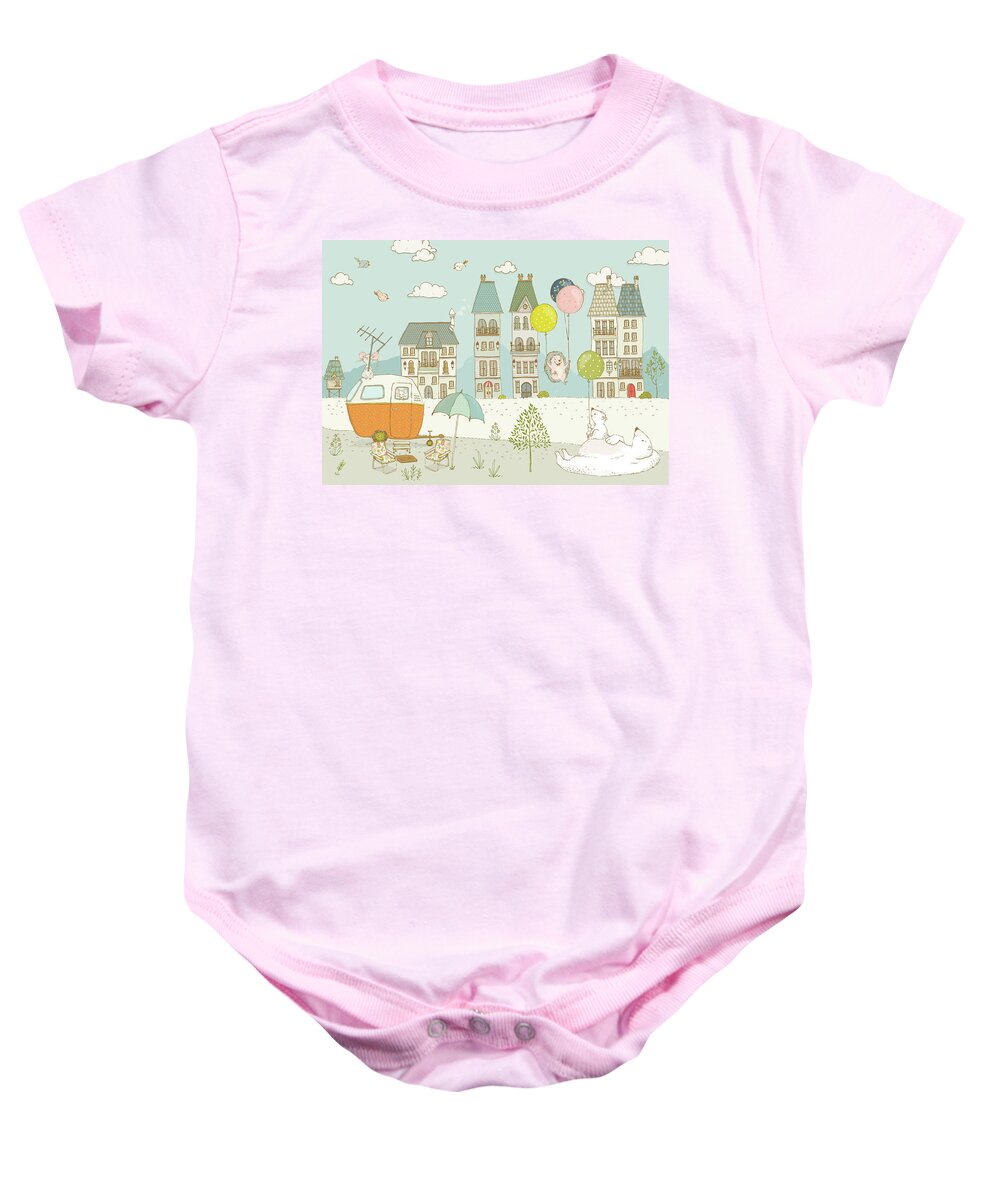 Whimsical Baby Onesie featuring the painting Bears and mice outside the city cute whimsical kids art by Matthias Hauser