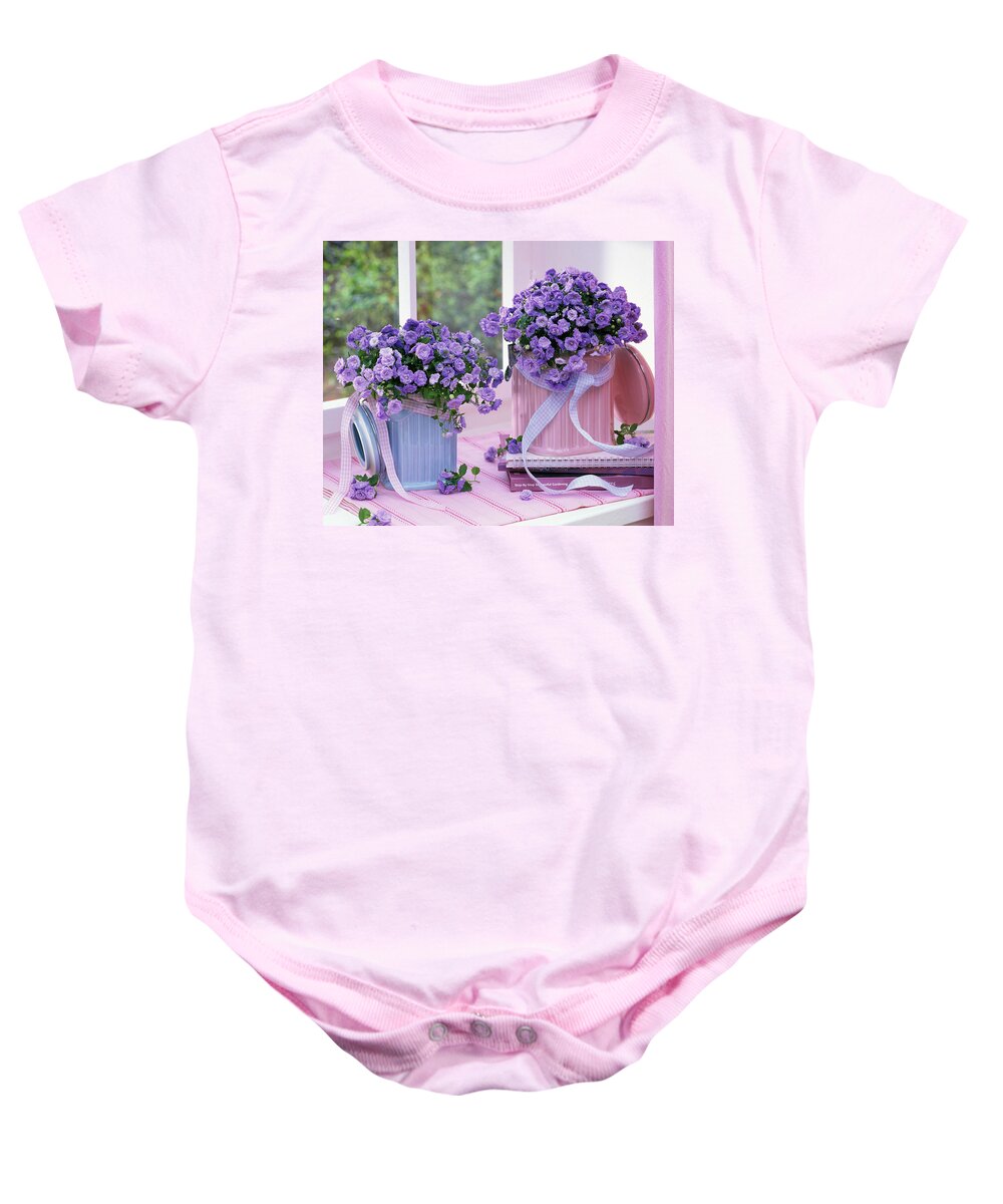 Ip_12143430 Baby Onesie featuring the photograph Campanula 'blue Balls' In Porcelain Jars On The Window, Ribbons by Friedrich Strauss