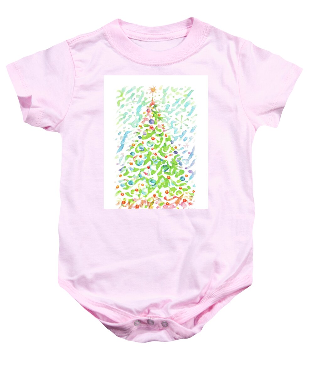 Christmas Baby Onesie featuring the drawing Christmas-Tree,Watercolor,Colourful,Dazzling,Impressionism,Handmade,Hand-painted,Greeting Card by Artto Pan