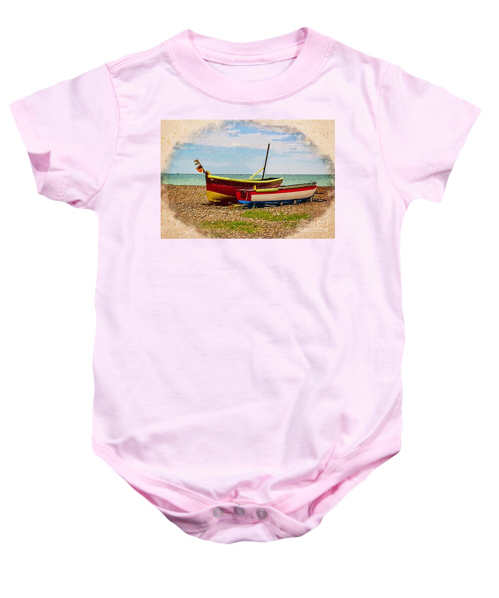 Boats Baby Onesie featuring the photograph Colorful Boats on Beach by Roslyn Wilkins
