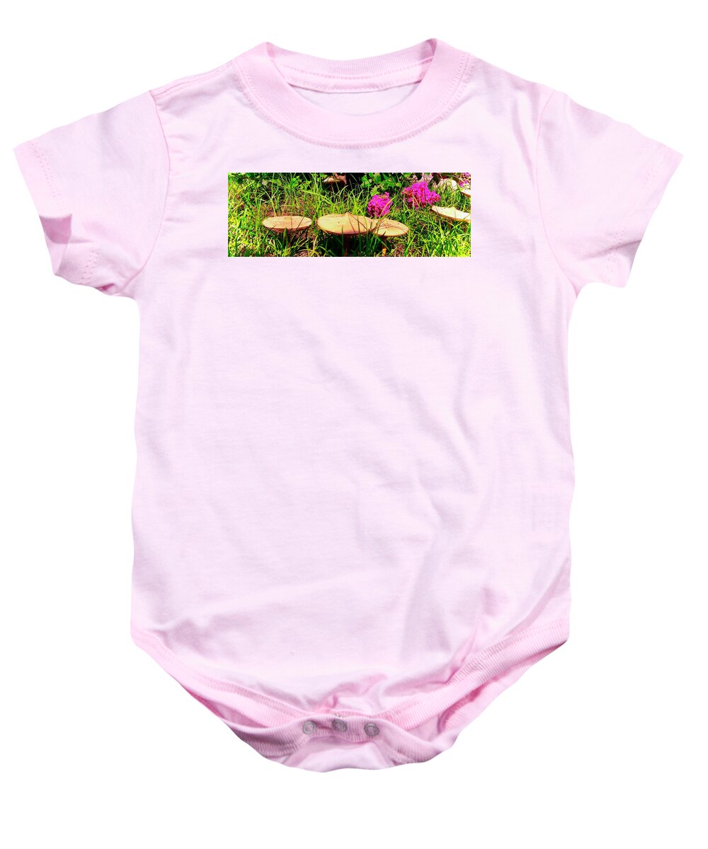 Fairy Village Baby Onesie featuring the photograph Fairy and Toad Village Huts by Debra Grace Addison