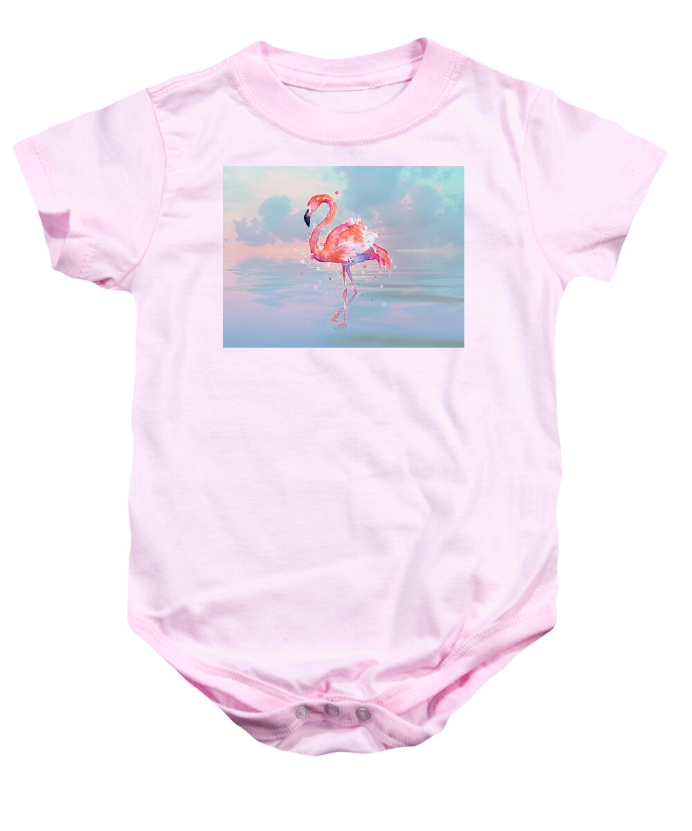 Flamingo Wading Baby Onesie featuring the mixed media Flamingo Wading by Sandi OReilly