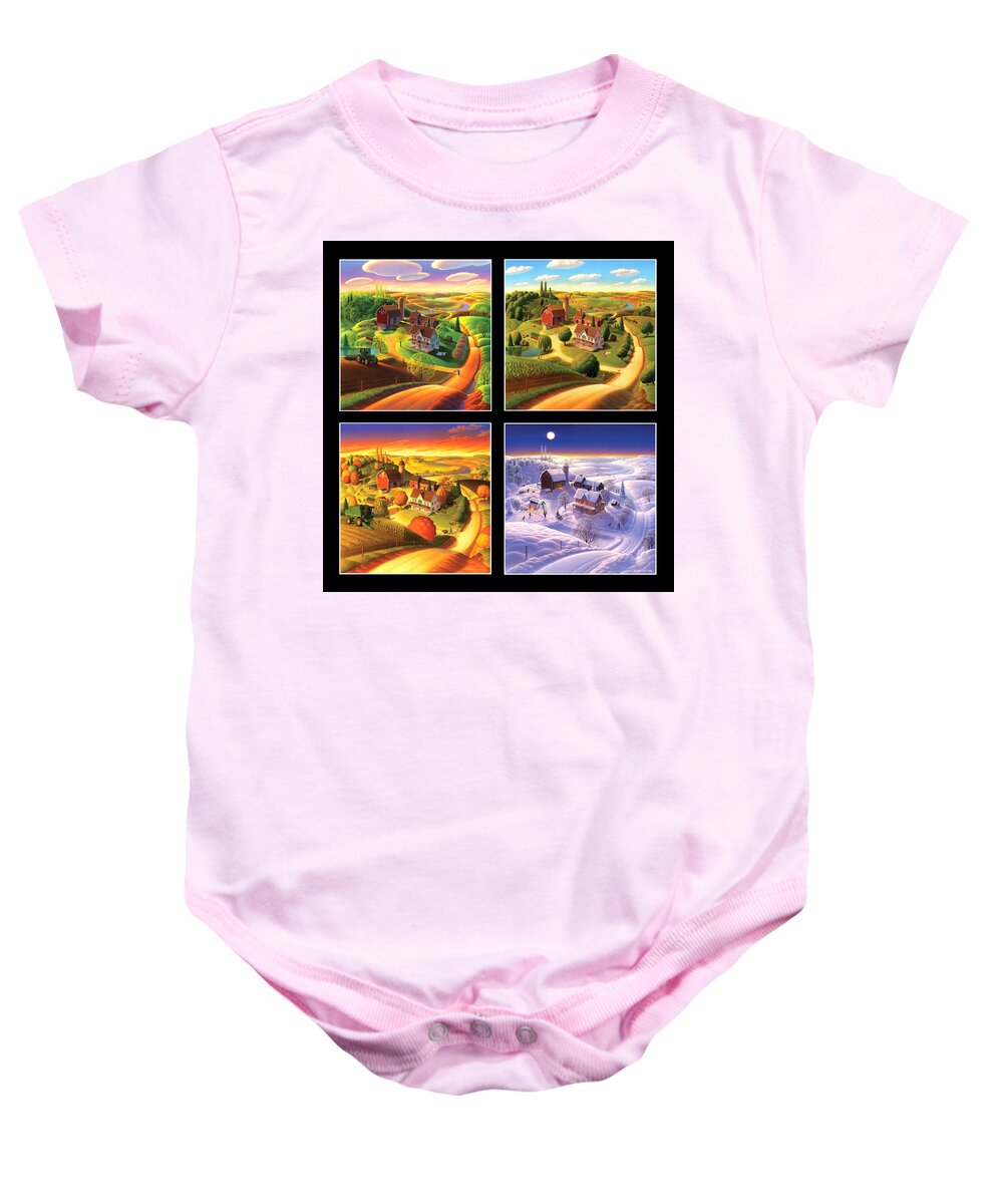 Four Seasons Baby Onesie featuring the painting Four Seasons Squared/black by Robin Moline