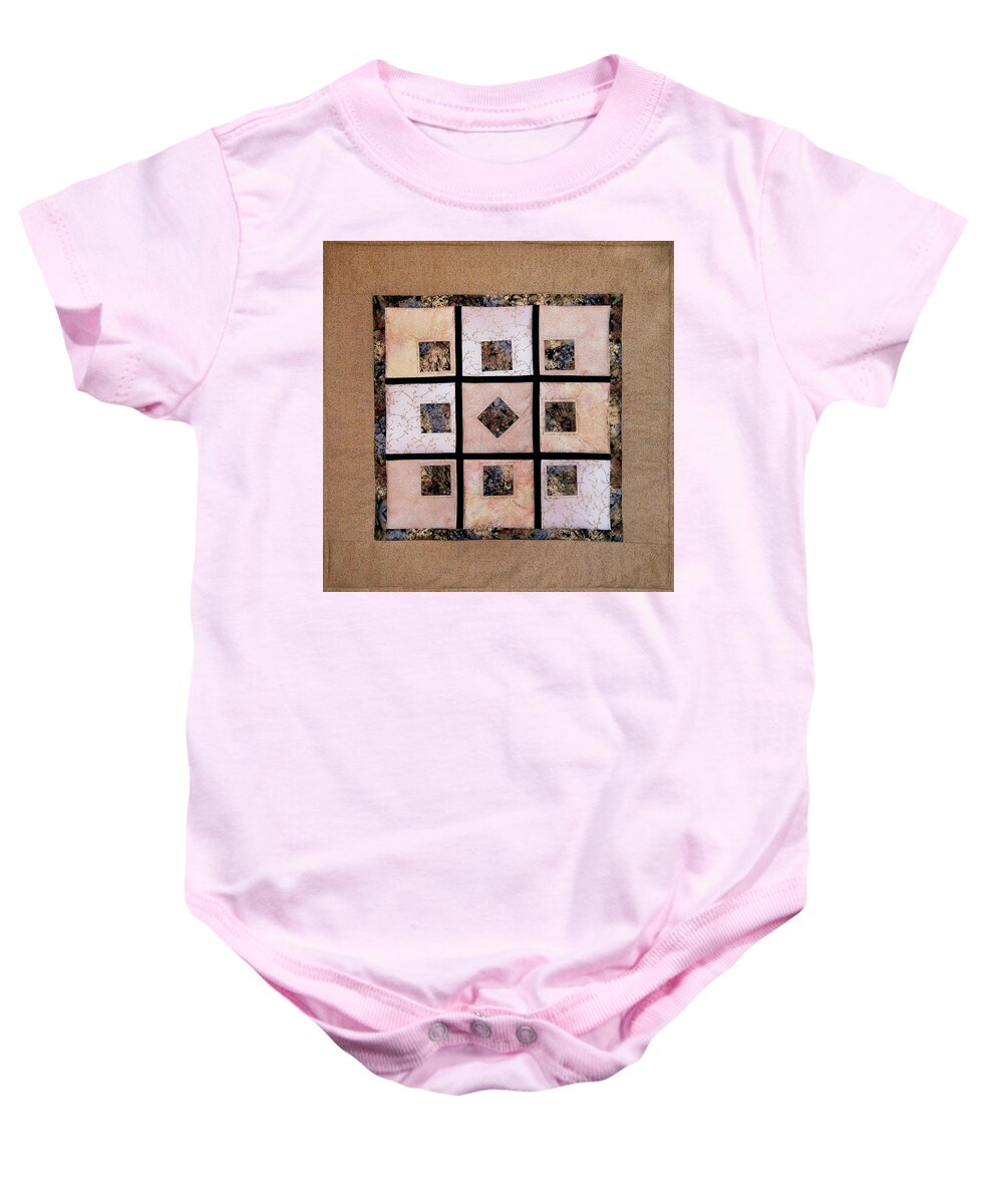 Art Quilt Baby Onesie featuring the tapestry - textile Golden Frost on the Window by Pam Geisel