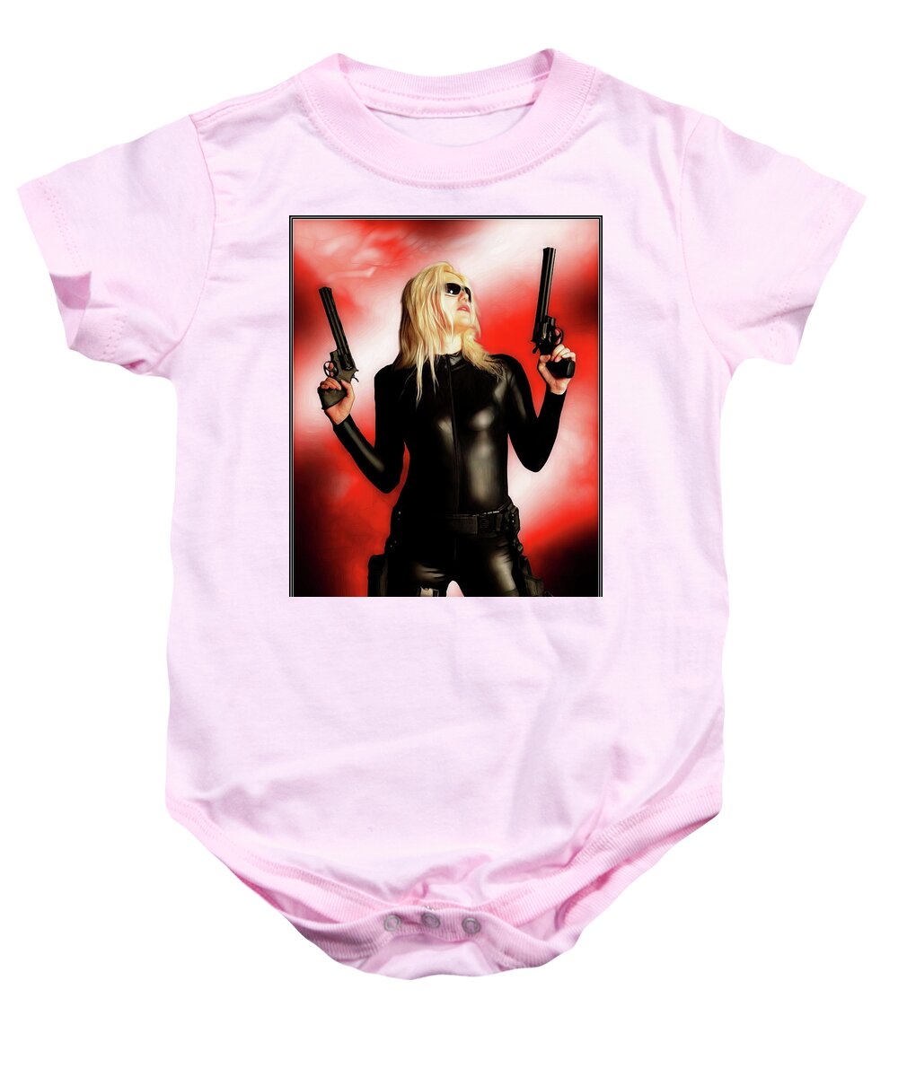 Black Baby Onesie featuring the photograph Guns Of The Black Widow by Jon Volden