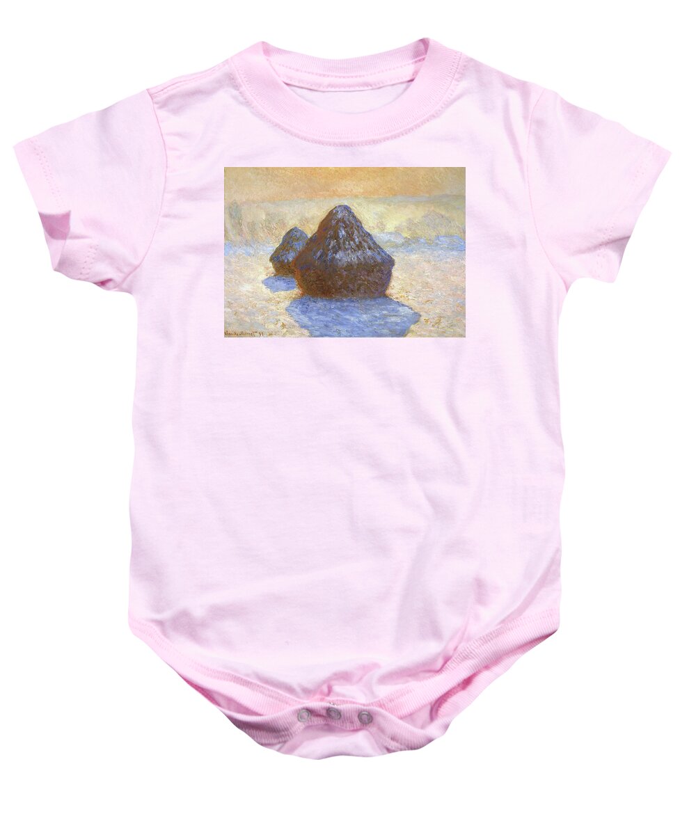 Claude Monet Baby Onesie featuring the painting Haystacks, Snow Effect - Digital Remastered Edition by Claude Monet