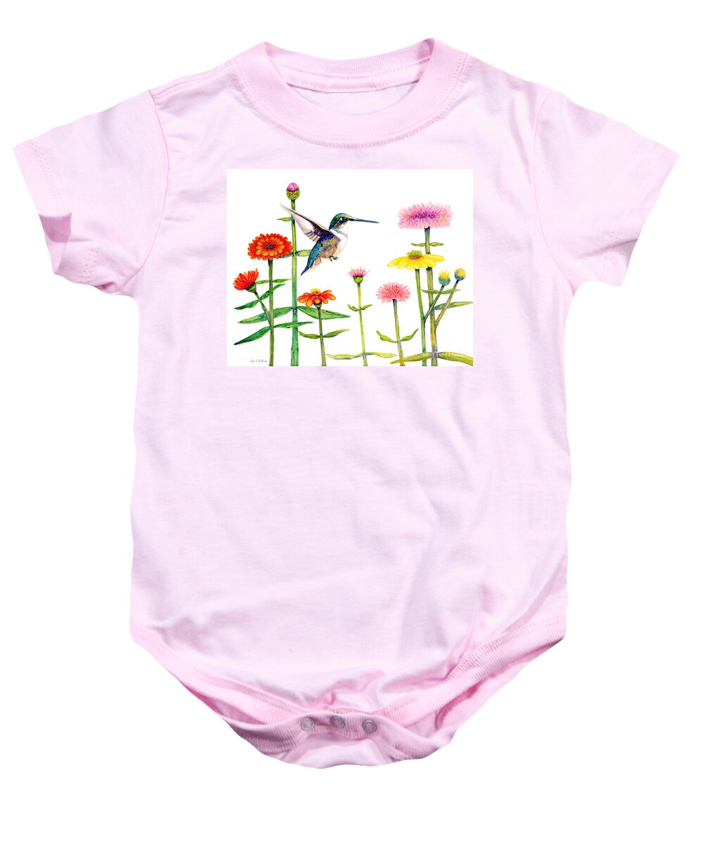 Zinnia Baby Onesie featuring the painting Humming with Zinnias by Jan Killian