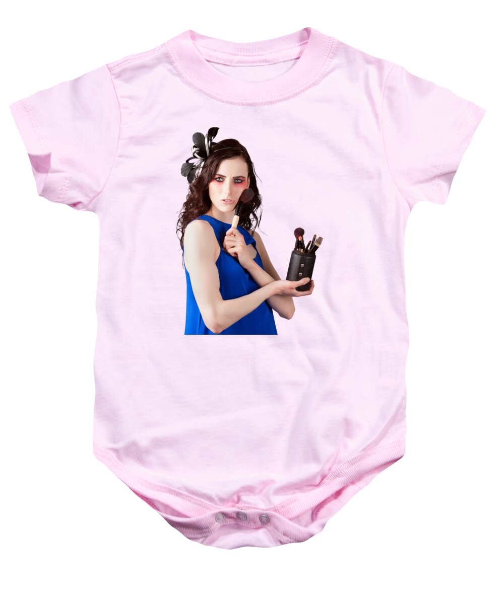 Makeup Baby Onesie featuring the photograph Isolated Makeup Artist Holding Blush Powder Brush by Jorgo Photography