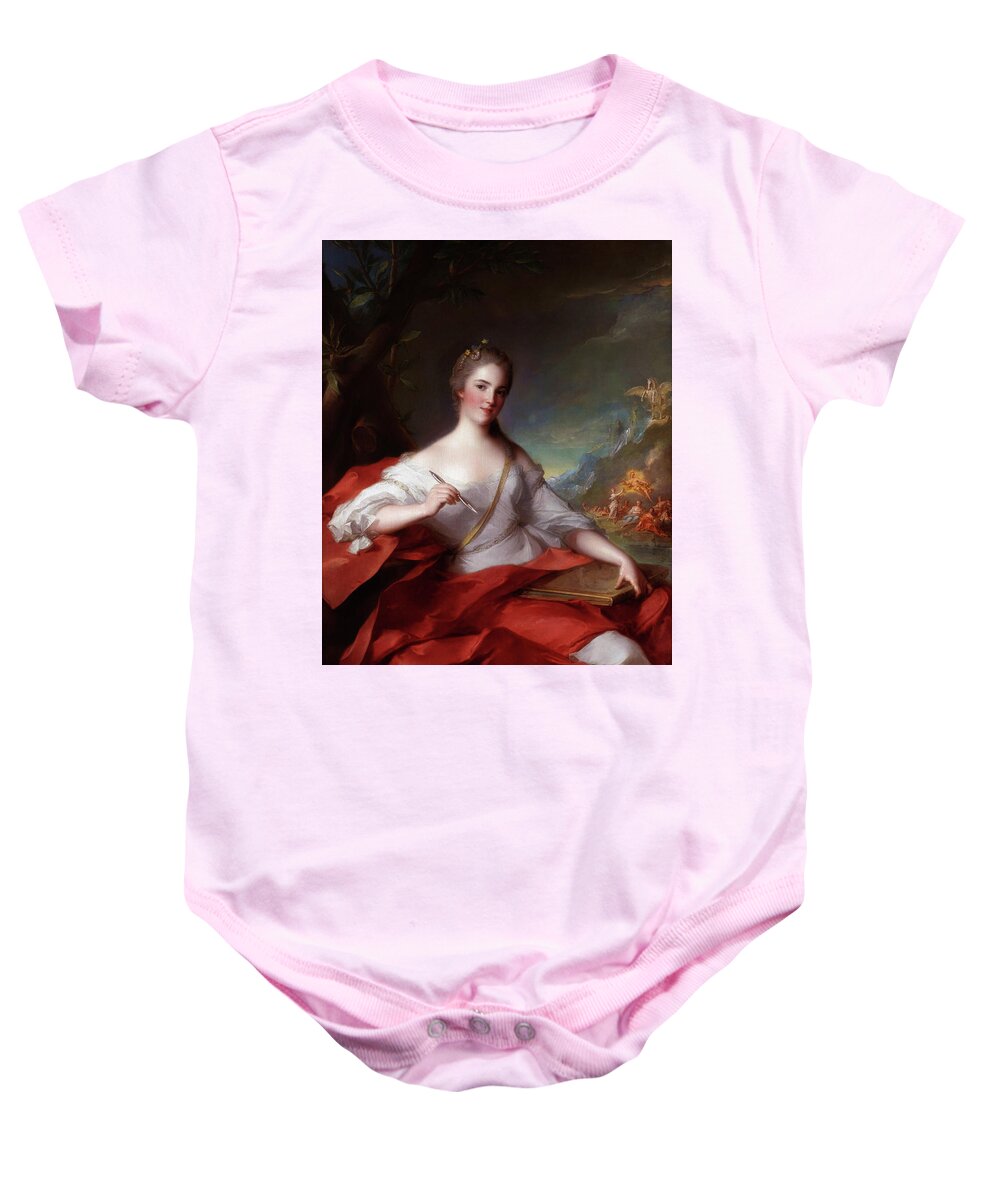 Marie-geneviève Boudrey As A Muse Baby Onesie featuring the painting Marie Genevieve Boudrey As A Muse by Jean Marc Nattier by Xzendor7