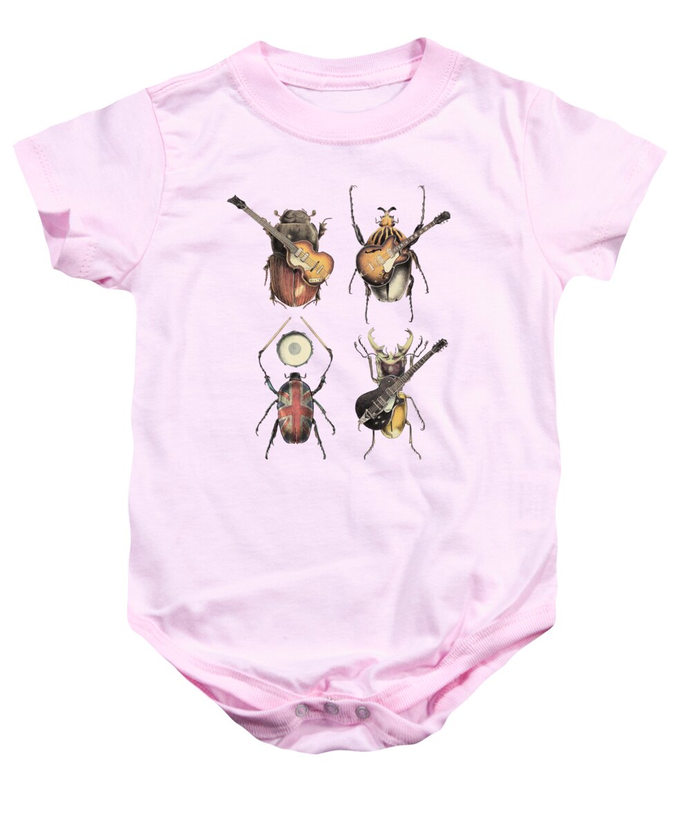 Beetles Insects Pop Music Music Rock And Roll Guitars Drums Epiphone Bass Retro 1960s British Brit Pop British Invasion Entomology Classic Union Jack Funny Electric Guitars Parody Clever Baby Onesie featuring the digital art Meet the Beetles by Eric Fan