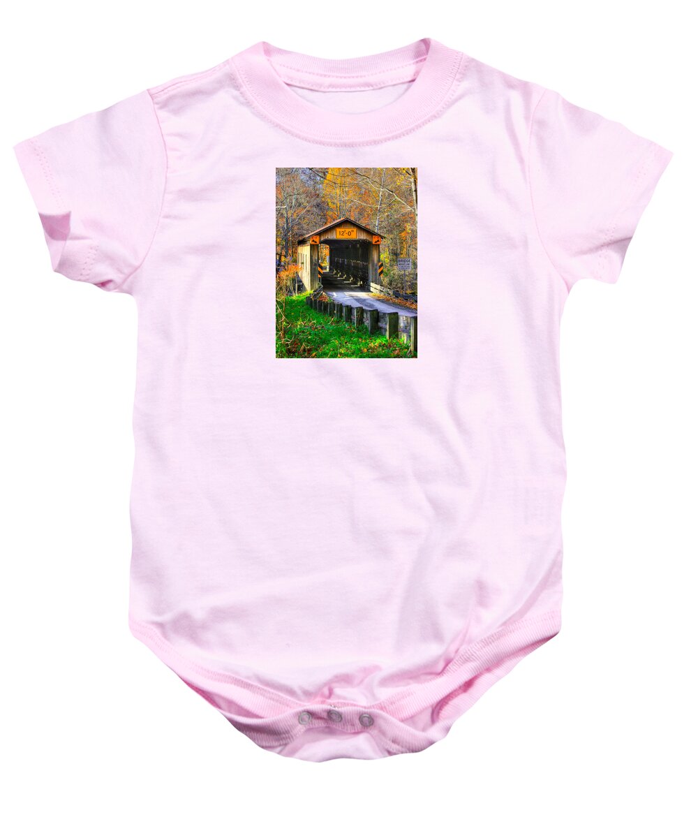 Olin's Covered Bridge Baby Onesie featuring the photograph Ohio Country Roads - Olin's Covered Bridge Over the Ashtabula River No. 6 - Ashtabula County by Michael Mazaika