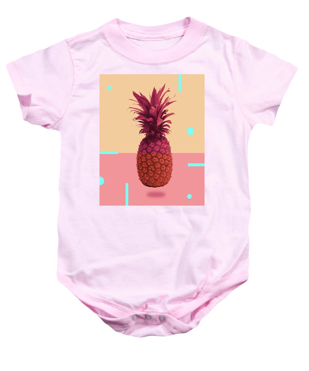 Pineapple Baby Onesie featuring the mixed media Pineapple Print - Tropical Decor - Botanical Print - Pineapple Wall Art - Pink, Peach - Minimal by Studio Grafiikka