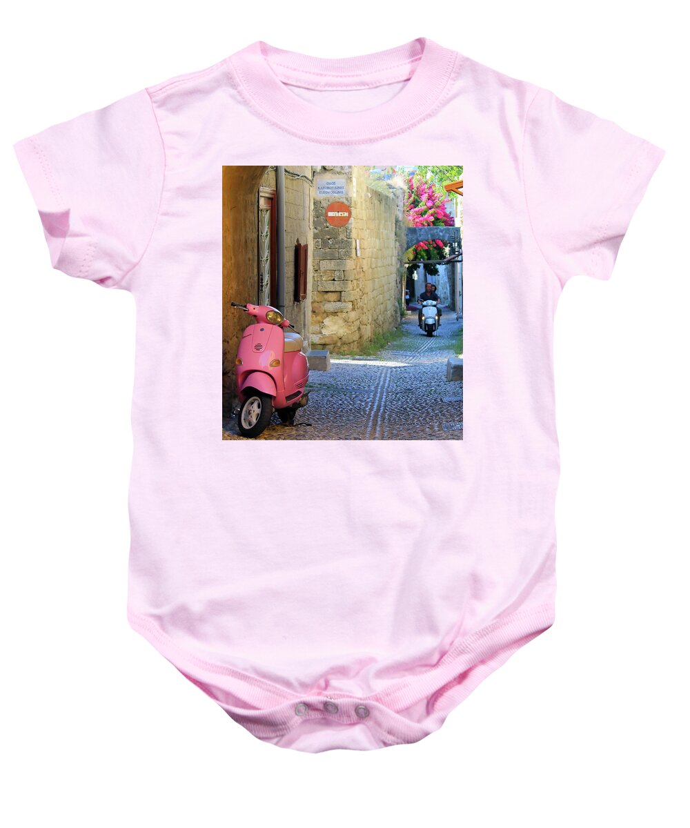 Vespa Baby Onesie featuring the photograph Pink Vespa by Jonathan Thompson