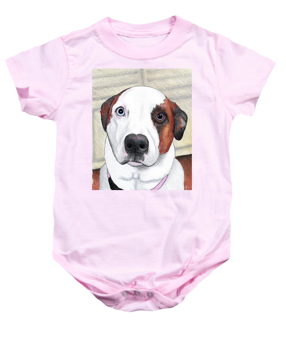 Colored Pencil Baby Onesie featuring the drawing Portrait of a Dog Named Dave by Nancy Mueller