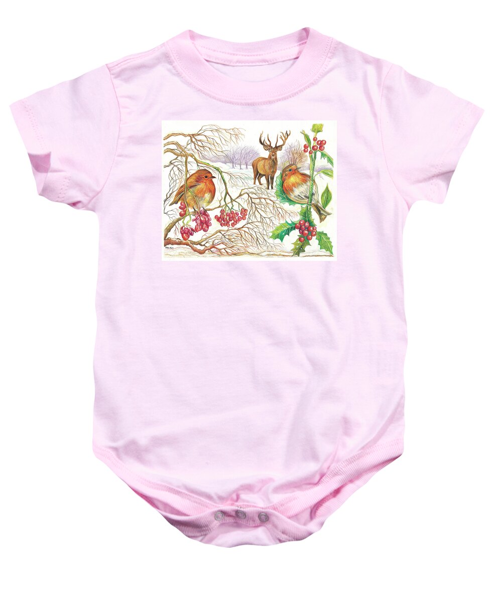 Robins Baby Onesie featuring the painting Robins and Berries by Kevin Derek Moore