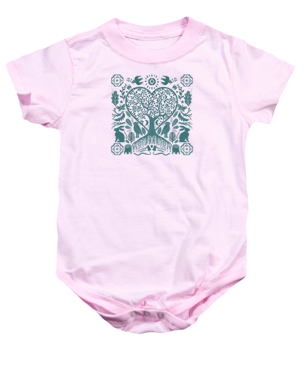 Rustic Baby Onesie featuring the painting Rustic Early American Tree Of Life Woodcut by Little Bunny Sunshine