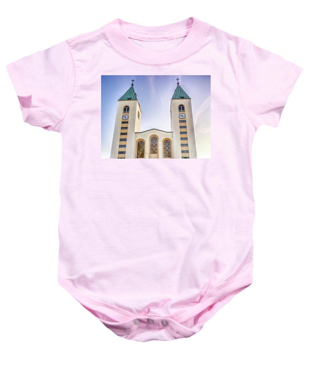 Bosnia Baby Onesie featuring the photograph Saint James Church in Medjugorje by Vivida Photo PC