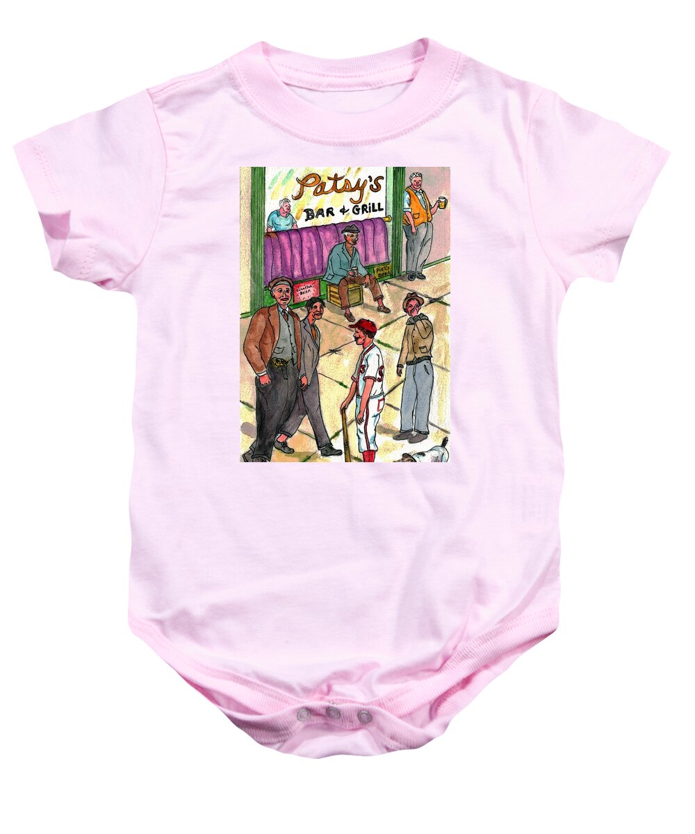 Talking Baby Onesie featuring the painting Talking About Baseball With The Men At The Corner Bar and Grill by Philip And Robbie Bracco