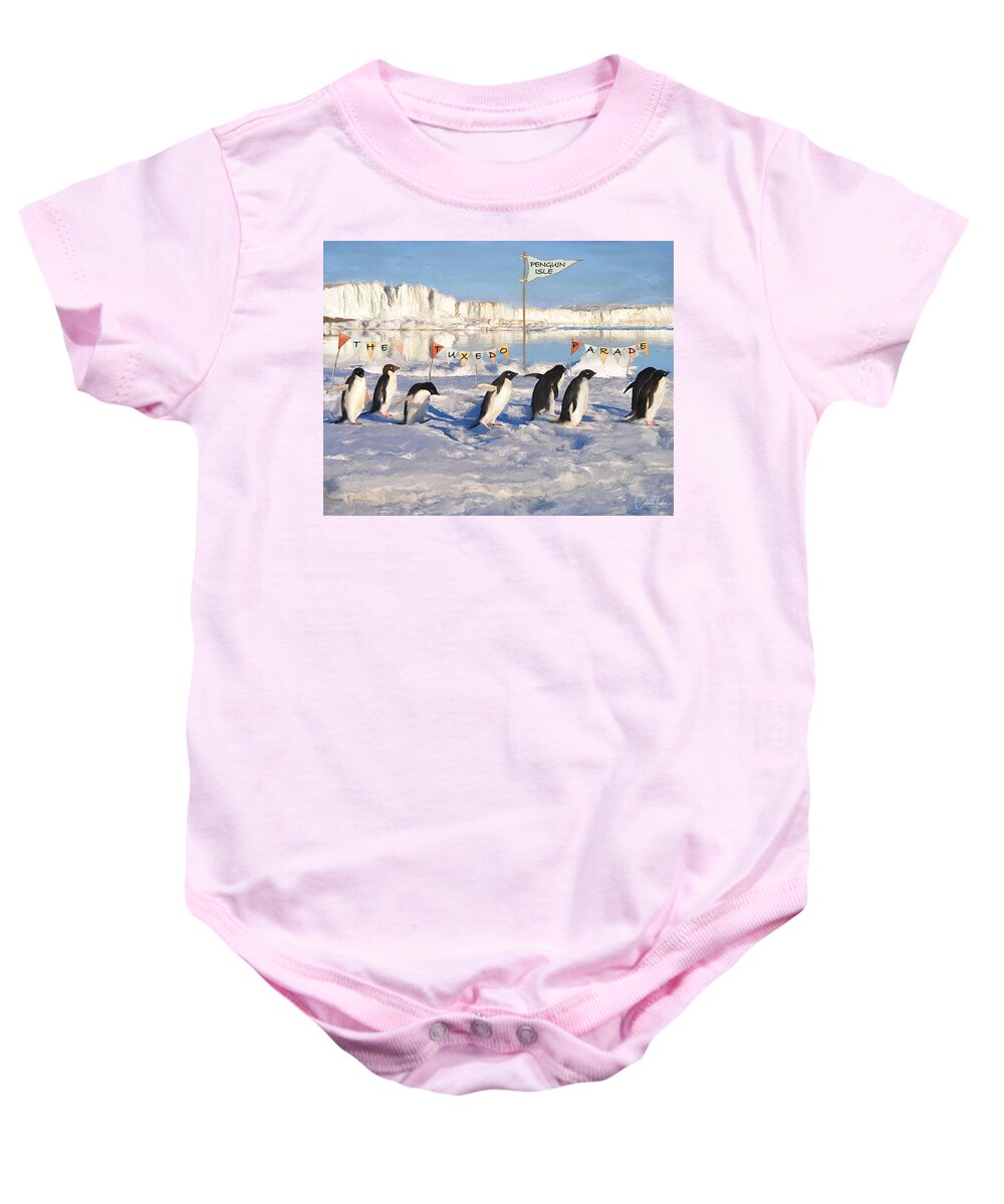 Penguins Baby Onesie featuring the mixed media The Tuxedo Parade by Colleen Taylor