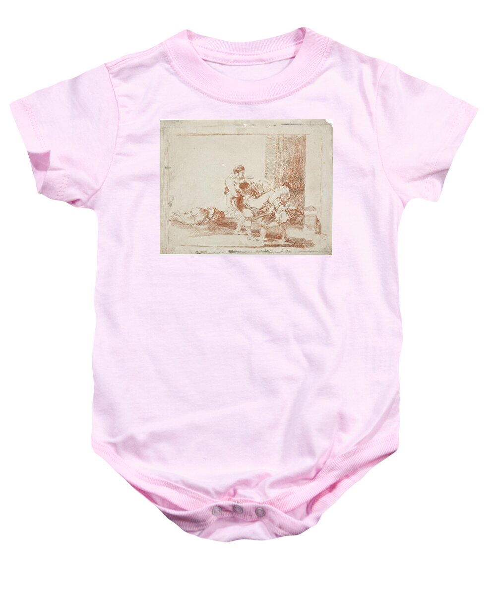Francisco Jose De Goya Baby Onesie featuring the painting 'To the cemetery'. 1812 - 1814. Red chalk on grey laid paper. by Francisco de Goya -1746-1828-