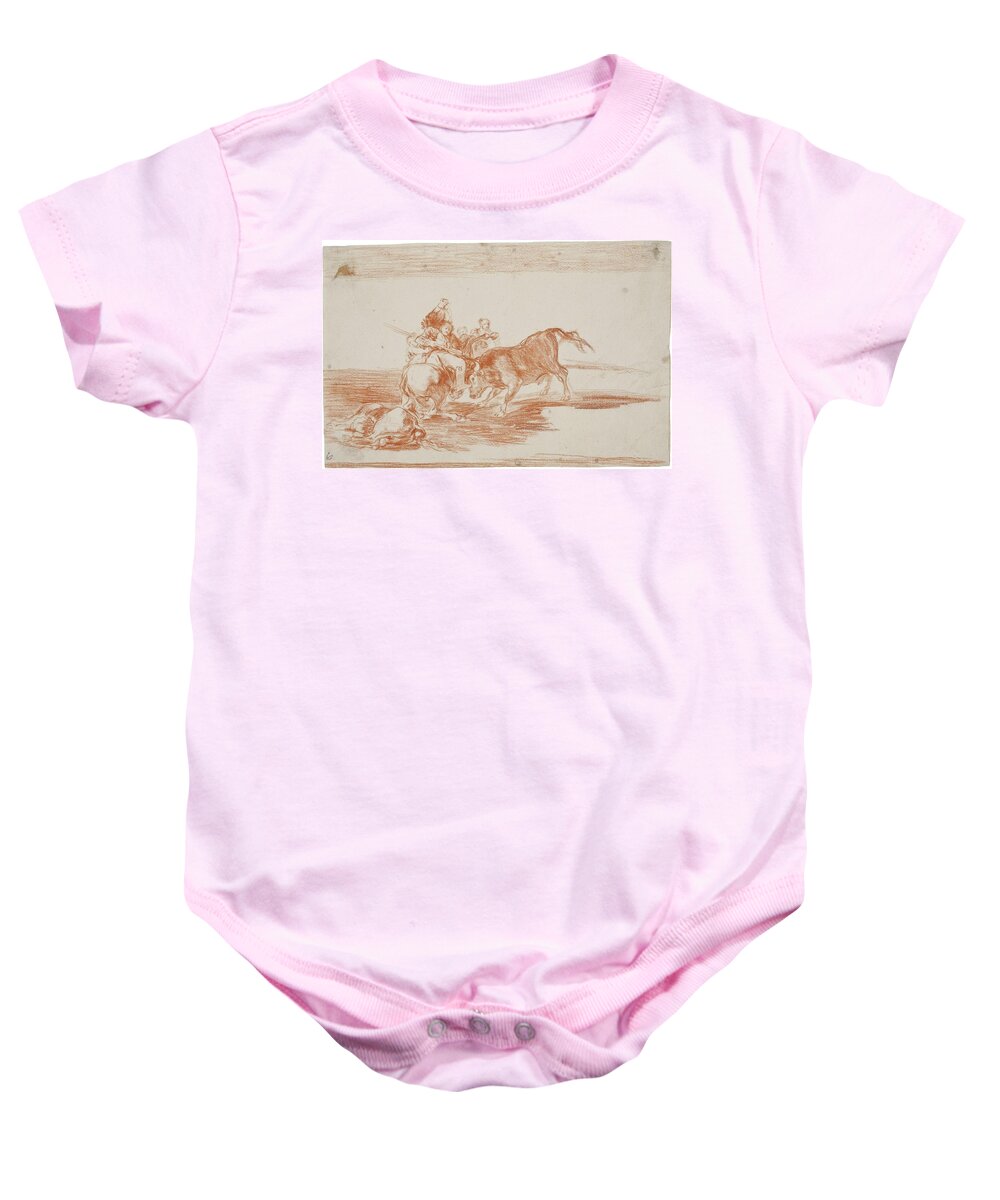 Francisco Jose De Goya Baby Onesie featuring the painting 'Two groups of picadors knocked over one after another by the bul... by Francisco de Goya -1746-1828-