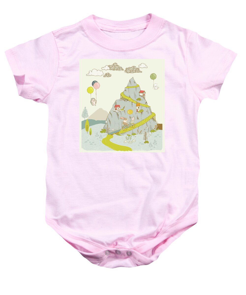 Whimsical Baby Onesie featuring the painting Whimsical mountain and animal art for kids by Matthias Hauser