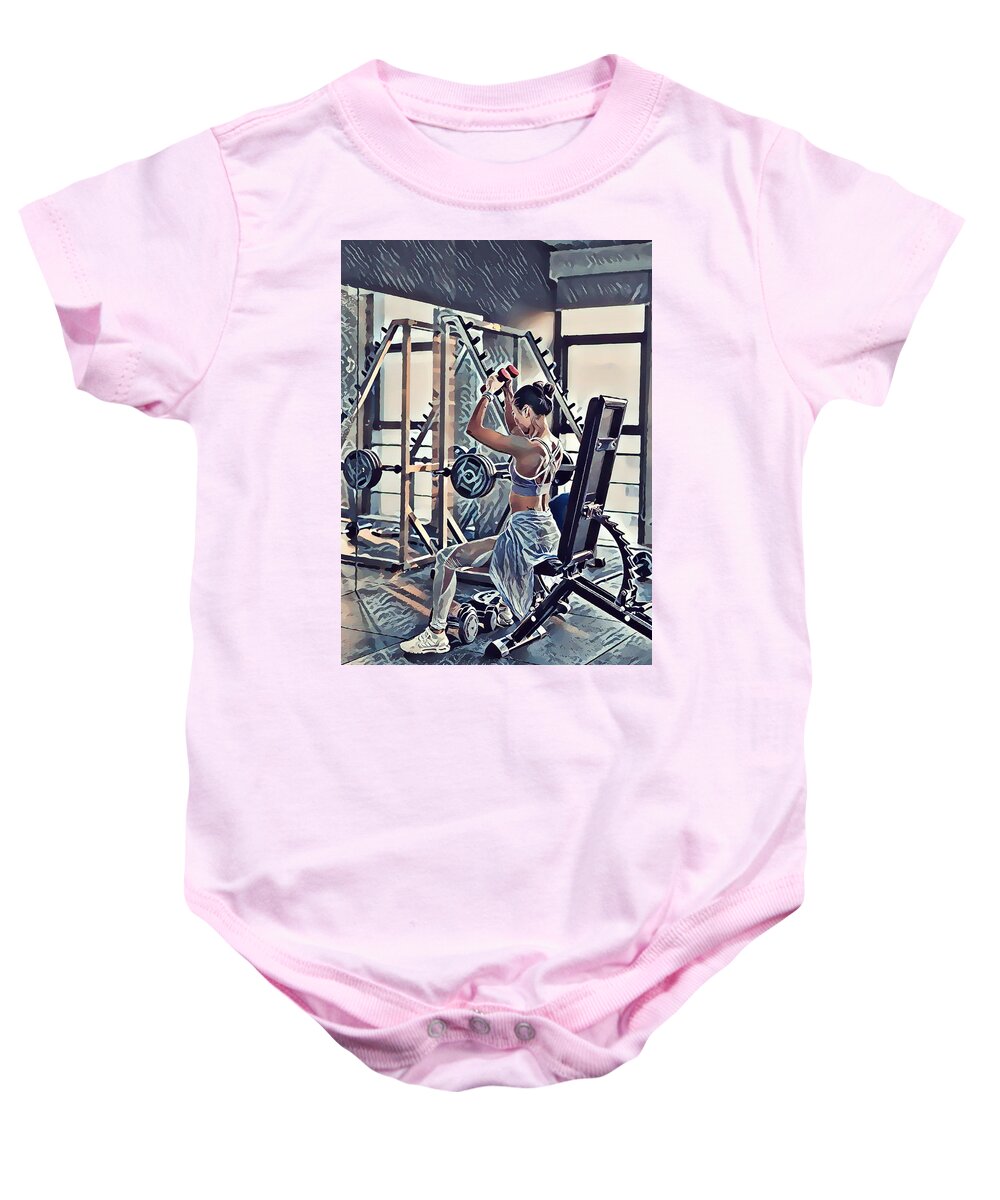Woman Exercise Workout In Gym Fitness Baby Onesie featuring the painting Woman exercise workout in gym fitness by Jeelan Clark