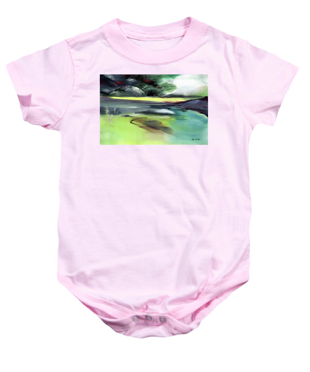 Nature Baby Onesie featuring the painting Yellow Lake by Anil Nene