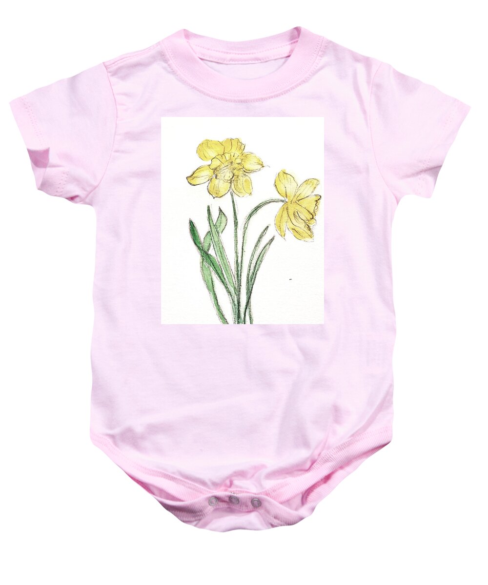 Yellow Flowers Baby Onesie featuring the painting Daffodils #1 by Margaret Welsh Willowsilk