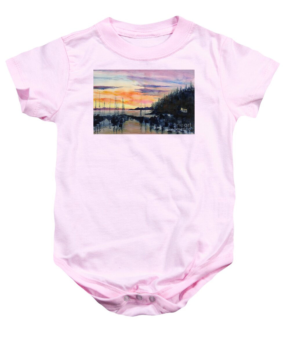 Boats Baby Onesie featuring the painting Eagle Ridge Sunset #1 by Sonia Mocnik
