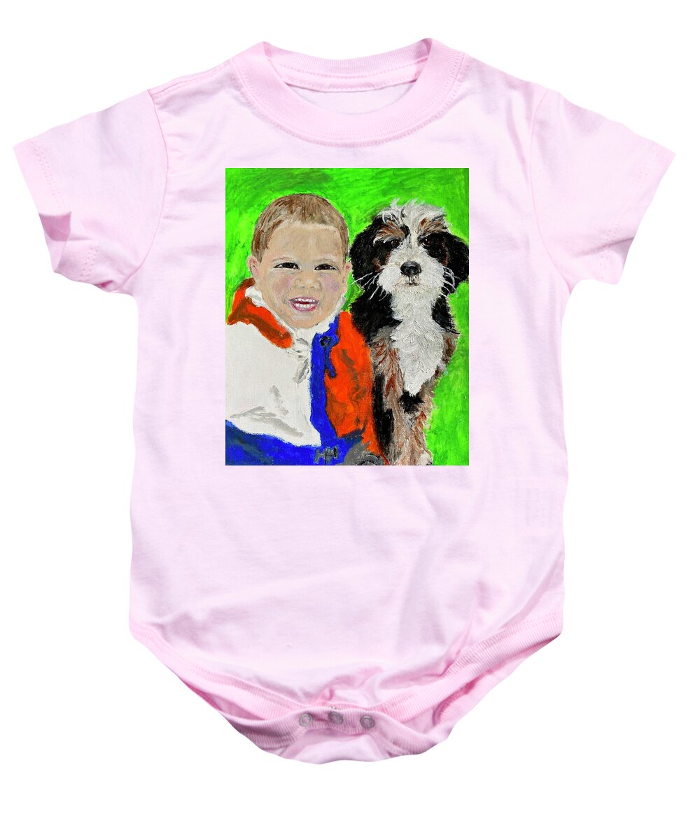 Dog Baby Onesie featuring the painting A boy and his best friend by Melody Fowler