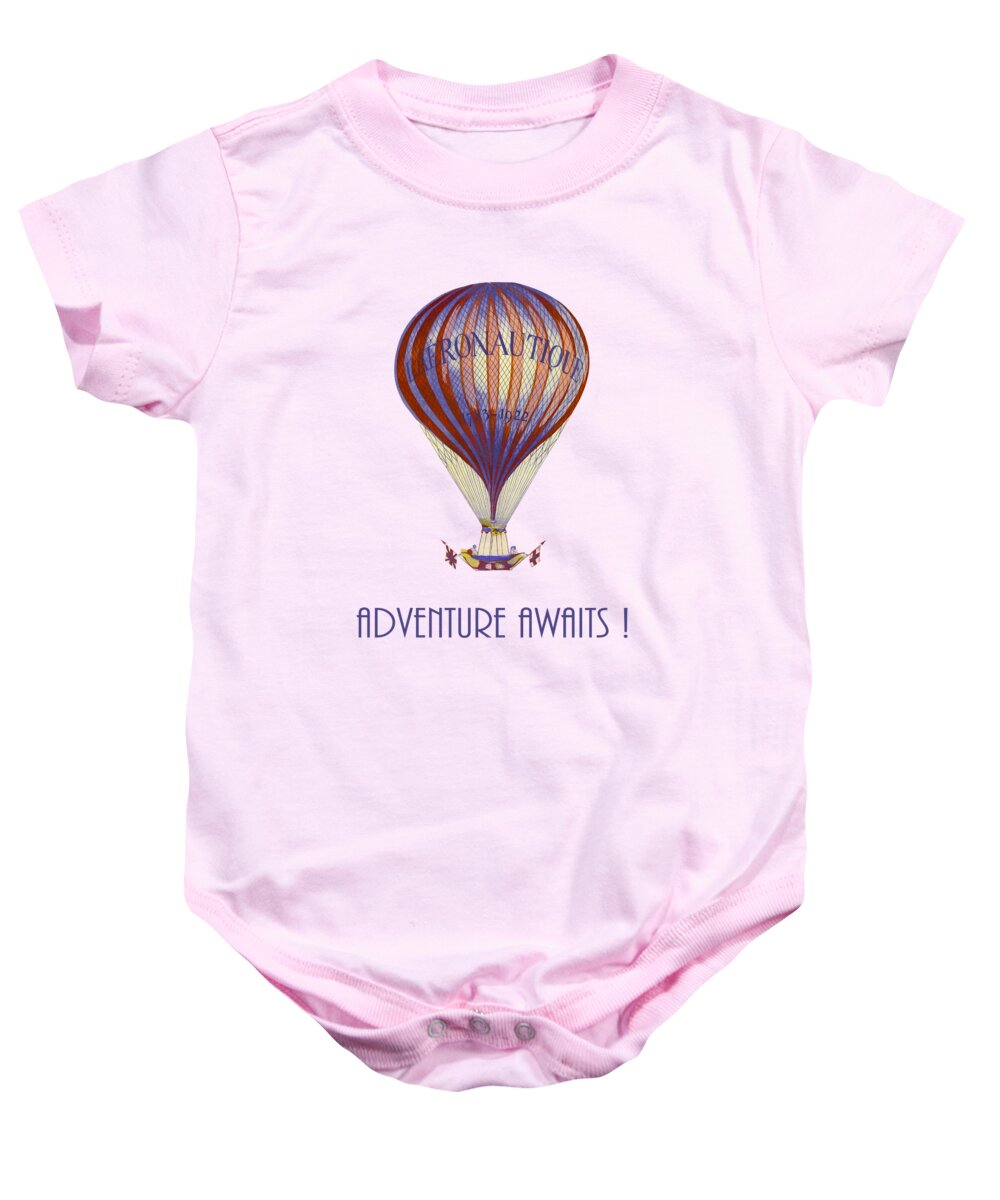 Adventure Baby Onesie featuring the mixed media Adventure awaits, vintage hot air balloon by Delphimages Photo Creations