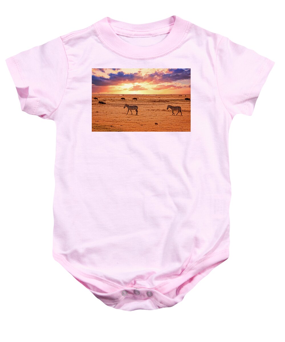 Africa Baby Onesie featuring the photograph African sunset by Mitchell R Grosky