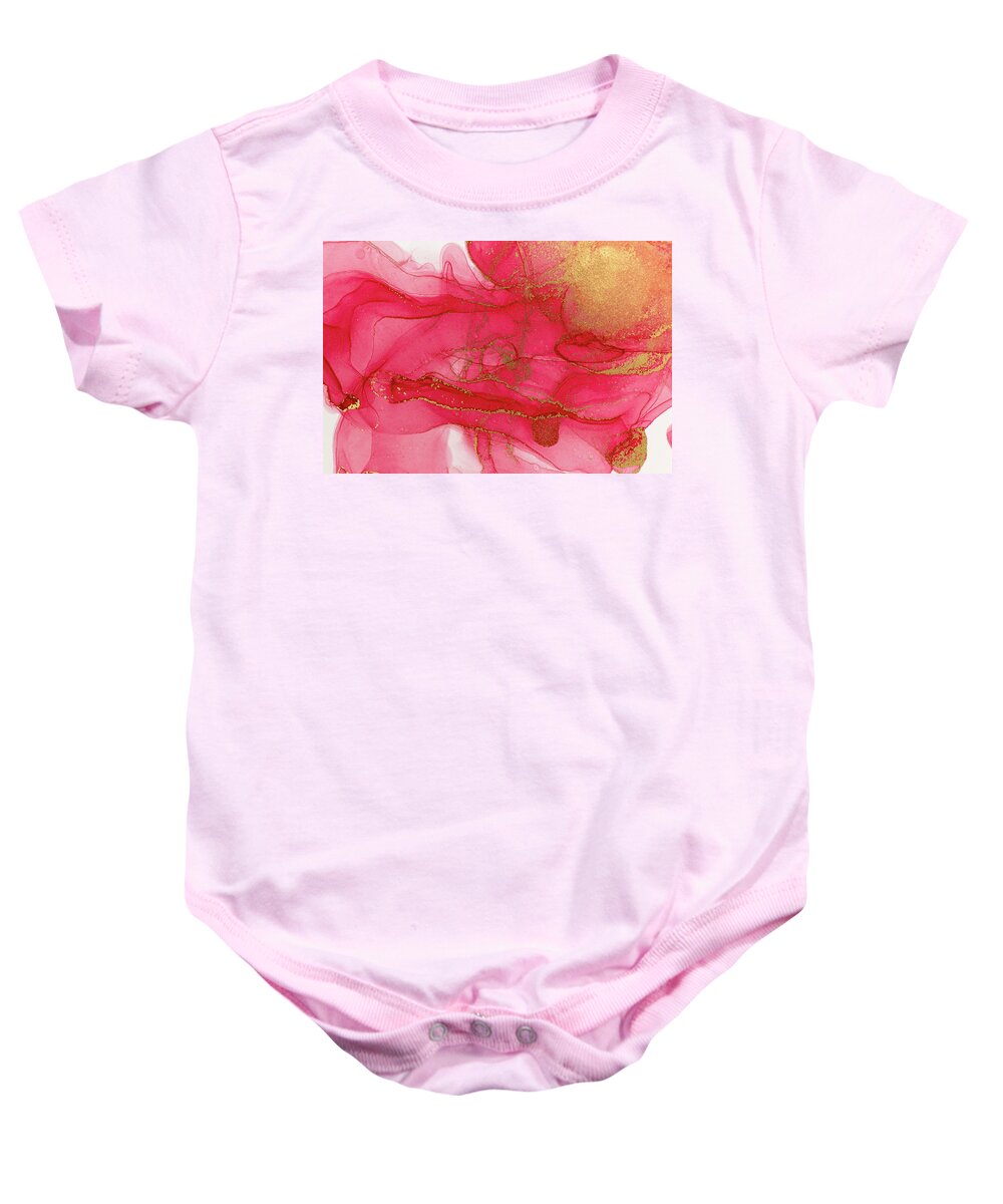 Pink Baby Onesie featuring the painting Alcohol ink Red Pink and gold abstract background. Ocean Crystal water by Tony Rubino