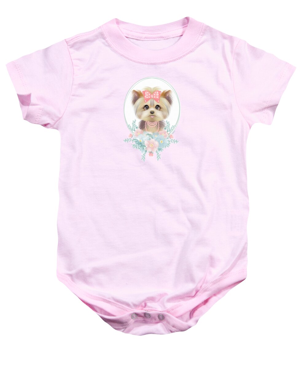 Yorkie Baby Onesie featuring the mixed media Anna Bella Yorkie by Catia Lee