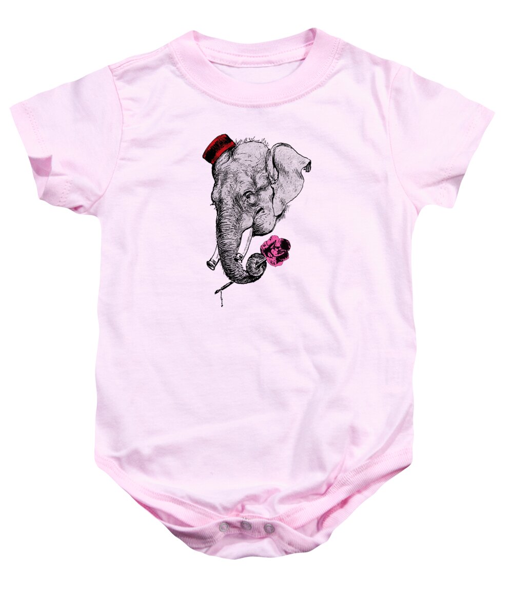 Elephant Baby Onesie featuring the digital art Gentleman elephant with pink rose by Madame Memento
