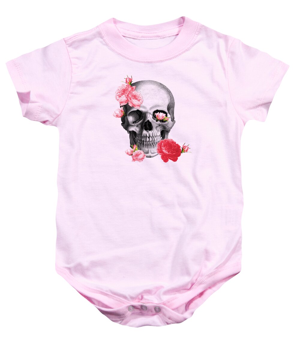 Skull Baby Onesie featuring the digital art Skull with pink roses framed art print by Madame Memento