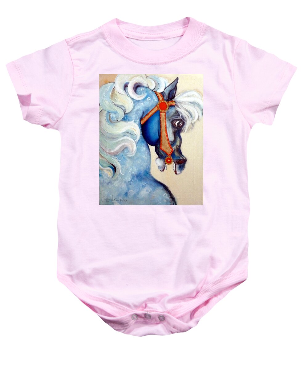 Horse Baby Onesie featuring the painting Blue Carousel by Carolyn Weltman
