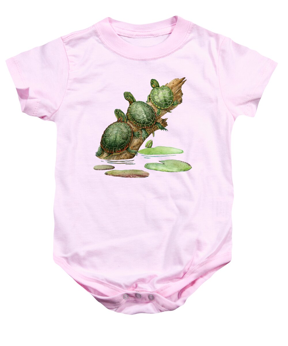 Nature Baby Onesie featuring the painting Three Turtles on a Log by Tracy Lizotte