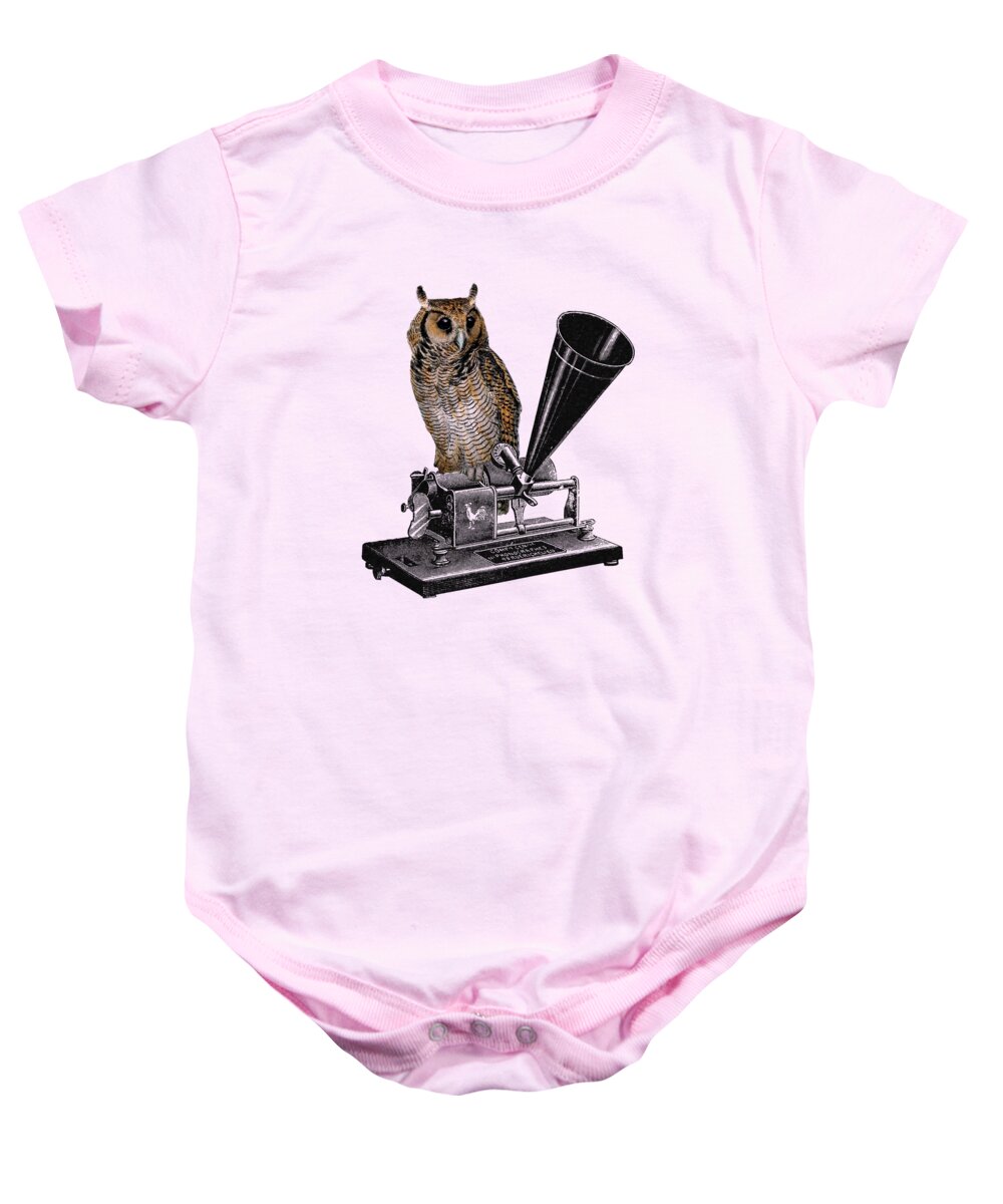 Owl Baby Onesie featuring the digital art Gramophone Owl by Madame Memento