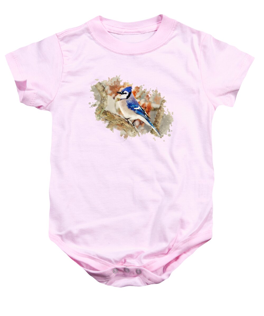 Blue Jay Baby Onesie featuring the mixed media Beautiful Blue Jay - Watercolor Art by Christina Rollo