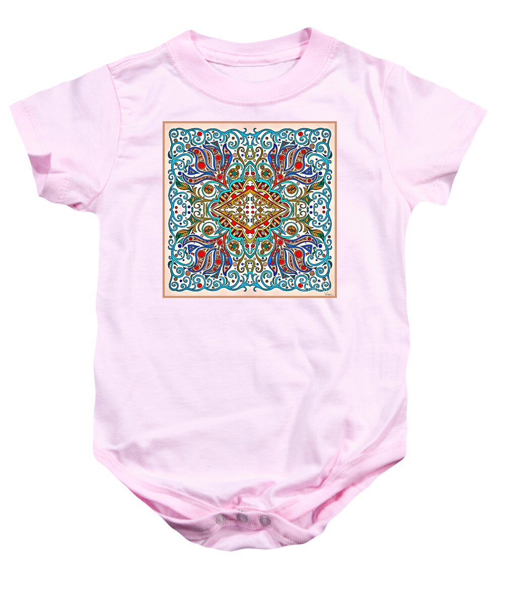 Orange And Brown Diamond Baby Onesie featuring the mixed media Autumn Colored Diamond with Turquoise and Red Border Design by Lise Winne