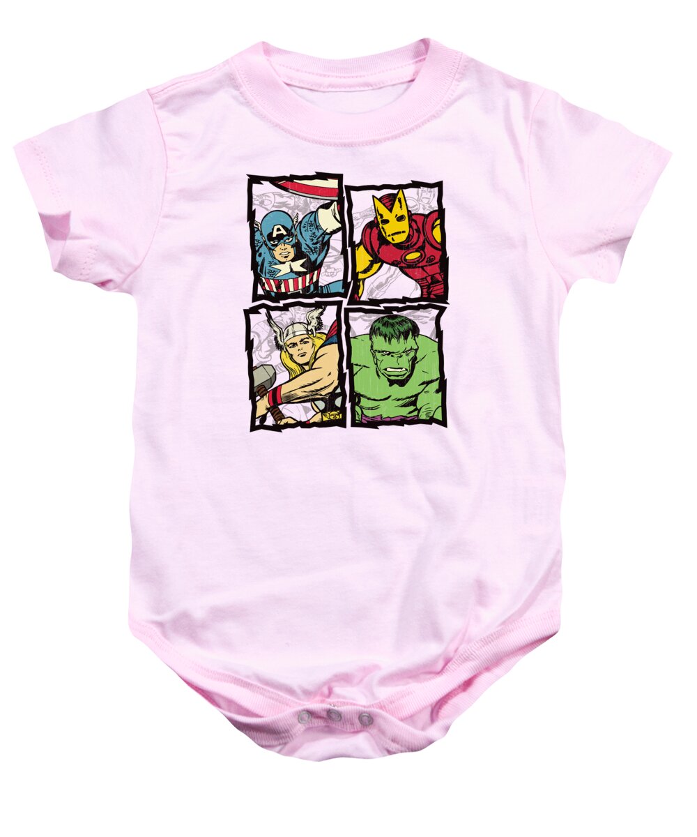 Avengers Baby Onesie featuring the digital art Avengers Silver Age Quad - Distressed by Edward Draganski