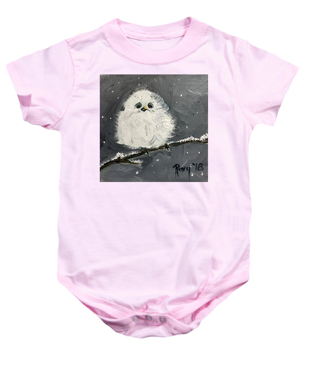 Baby Bird Baby Onesie featuring the painting Baby Long Tailed Tit in the Snow by Roxy Rich